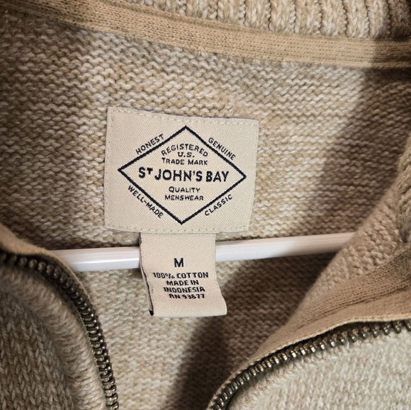 St John's Bay 1/4 Zip Pullover Beige Sweater 100% Cotton Mens Medium Tan - Picture 3 of 9